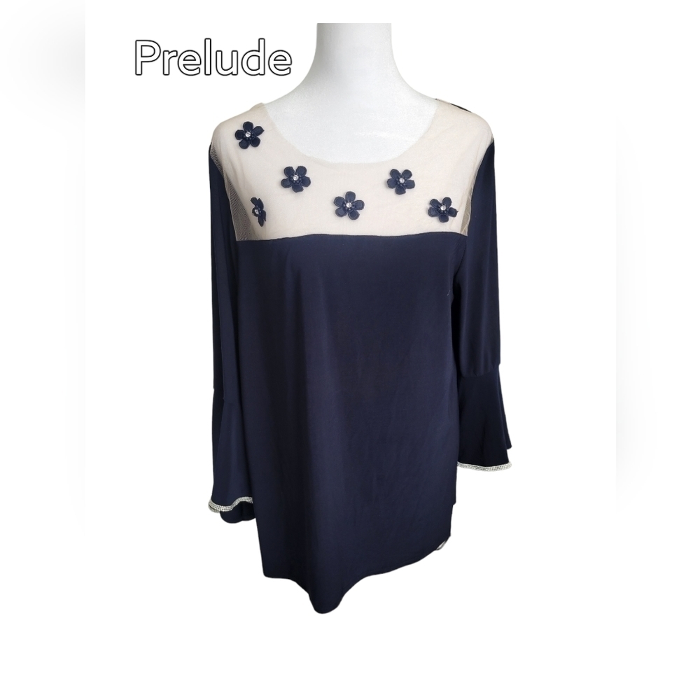 Navy Rhinestone Applique Mesh Dressy Top Size XL